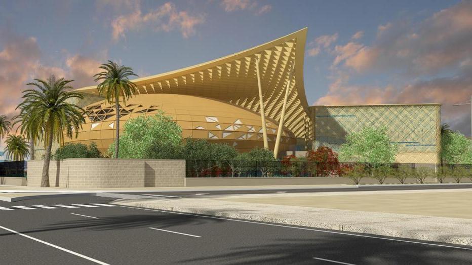 Architectural render of the main facade of the Sinnovate technology hub in Saudi Arabia